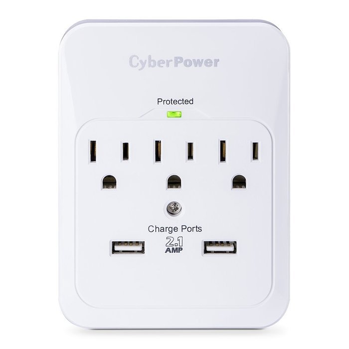 CyberPower CSP300WUR1 Surge Protector 3-AC Outlet with 2 USB (2.1A) Charging Ports N2