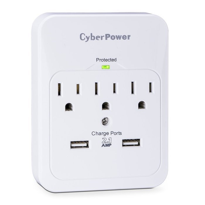 CyberPower CSP300WUR1 Surge Protector 3-AC Outlet with 2 USB (2.1A) Charging Ports N3