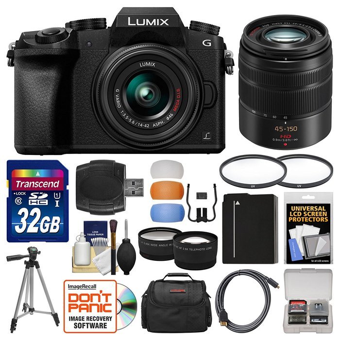 Panasonic Lumix DMC-G7 4K Wi-Fi Digital Camera & 14-42mm (Silver) with 45-150mm Lens + 32GB Card + Case + Battery...