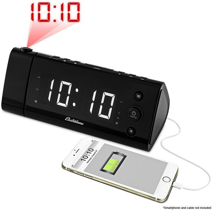 Electrohome USB Charging Alarm Clock Radio with Time Projection, Battery Backup, Auto Time Set, Dual Alarm, 1.2... N9