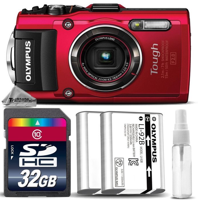 Olympus Stylus TOUGH TG-4 Digital Camera (Red) + 32GB CLASS 10 MEMORY CARD + Replacement Battery for Olympus LI...