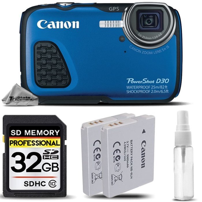 Canon PowerShot D30 Waterproof Digital Camera Blue, Built-In GPS + Backup Battery + 32GB Class 10 Memory Card...