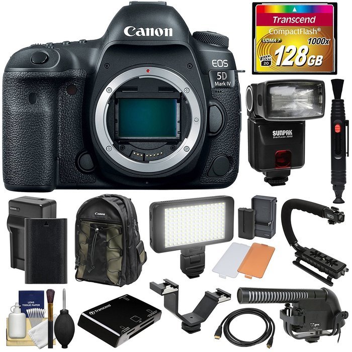 Canon EOS 5D Mark IV 4K Wi-Fi Digital SLR Camera Body with 128GB CF Card + Battery & Charger + Backpack + Flash...