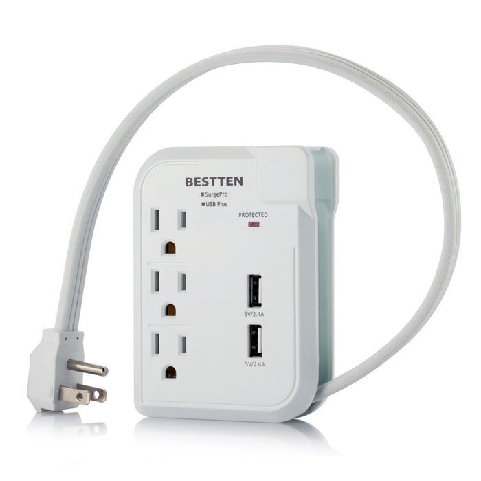 Bestten 3 Outlet Portable Travel Surge Protector with 2.4A Dual USB Charging Ports, 18in Cord, ETL Listed, White N62