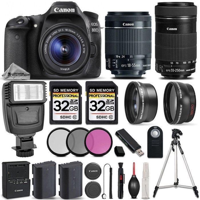 Canon EOS 80D Wi-Fi 1080P Digital SLR Camera + Canon 18-55mm IS STM + Canon 55-250mm IS STM + 0.43x Wide Angle...