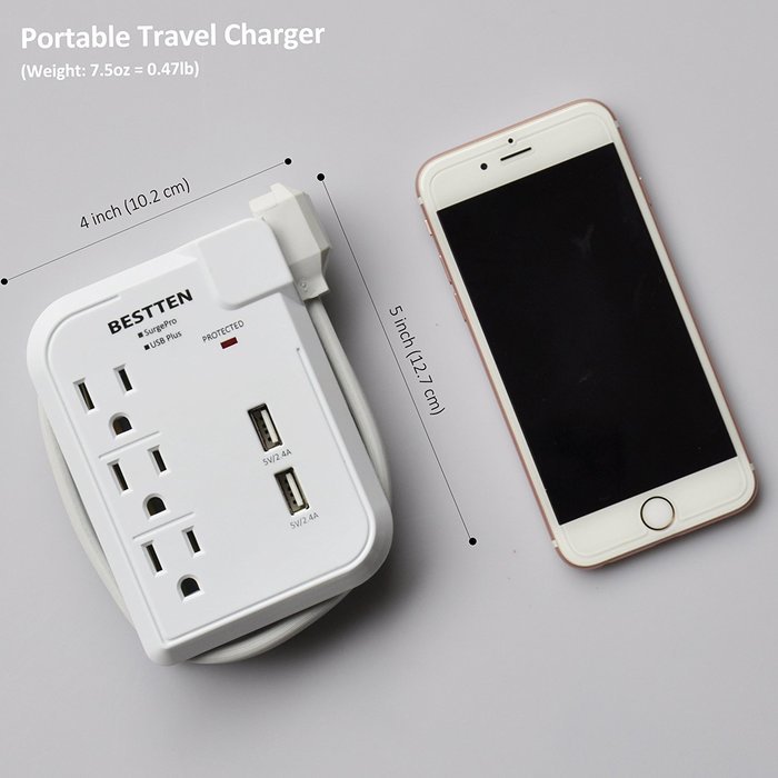 Bestten 3 Outlet Portable Travel Surge Protector with 2.4A Dual USB Charging Ports, 18in Cord, ETL Listed, White N64