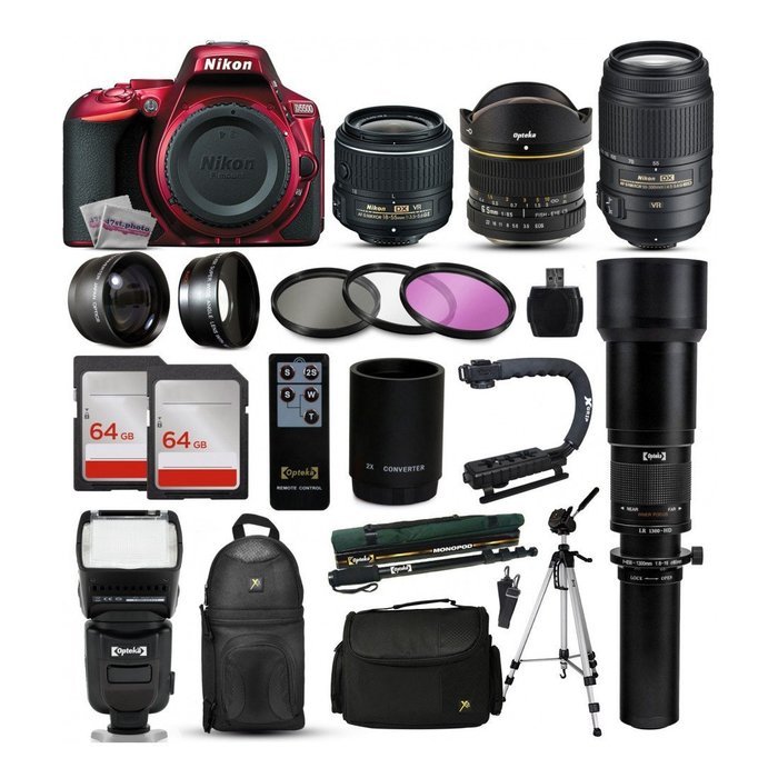 Nikon D5500 Red DSLR Camera + 18-55mm VR II + 55-300mm VR + 650-2600mm + More N3