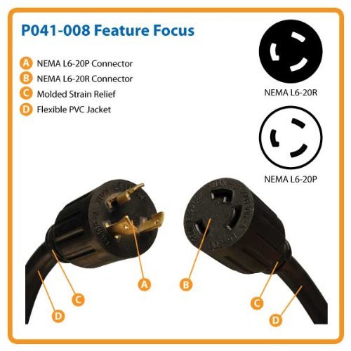 Tripp Lite Heavy-Duty Power Extension Cord 30A, 10AWG (NEMA L6-30P to NEMA L6-30R) 8-ft.(P041-008) N3
