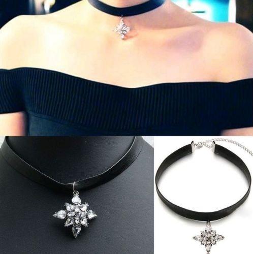 Gothic Leather Crystal Choker Charm Pendant Necklace Women Vintage Black Jewelry N12