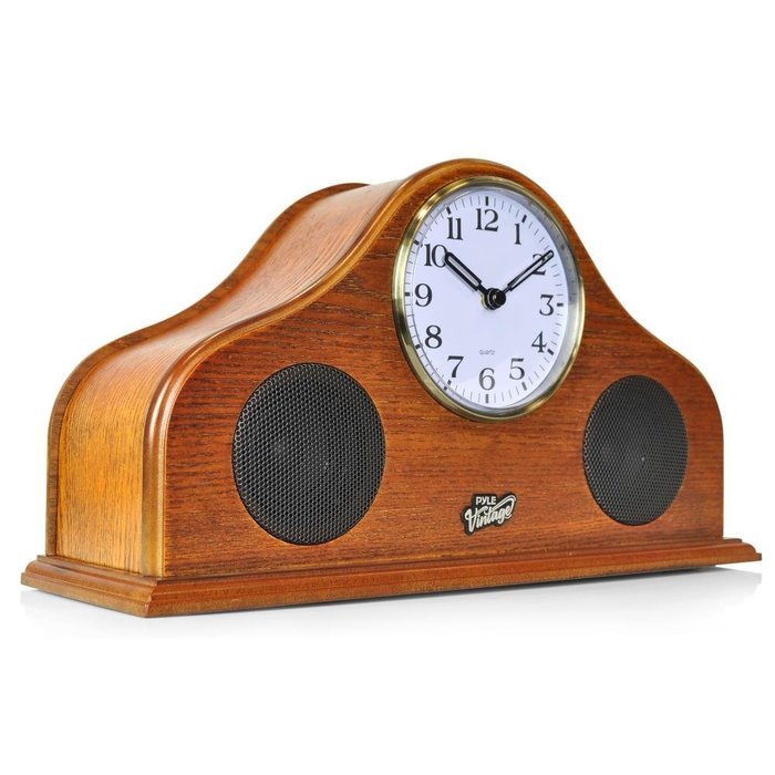 Pyle 2-in-1 Retro Vintage Style Clock & Bluetooth Stereo Speaker System, Brown (PVNTLCL41BT)