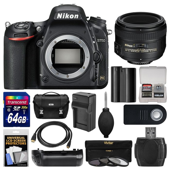 Nikon D750 Digital SLR Camera Body with 50mm f/1.4G AF-S Lens + 64GB Card + Case + Battery & Charger + Grip +...