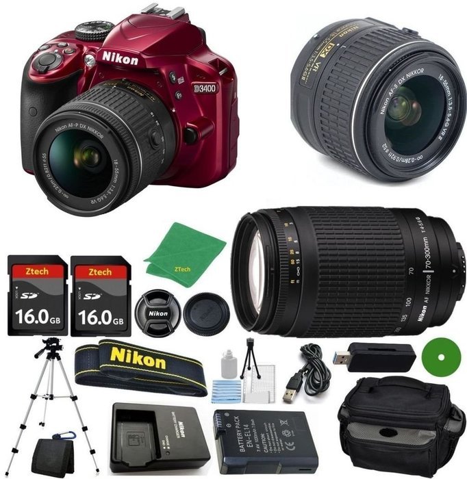 Nikon D3400 Red DSLR - International Version (No Warranty), 18-55mm f/3.5-5.6 DX VR, Nikon 70-300mm f/4-5.6G Nikkor...