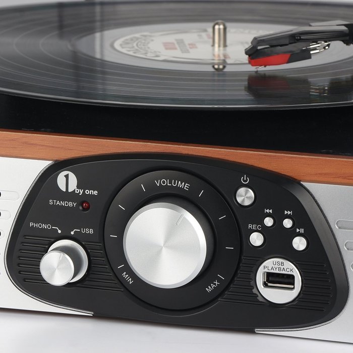 1byone Belt-Drive 3-Speed Stereo Turntable with Built in Speakers, Supports Vinyl to MP3 Recording, USB MP3 Playback... N7