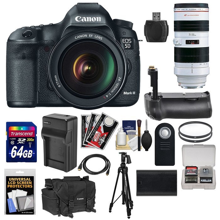 Canon EOS 5D Mark III Digital SLR Camera with EF 24-105mm L IS & 70-200mm f/2.8L USM Lens + 64GB Card + Grip +... N3