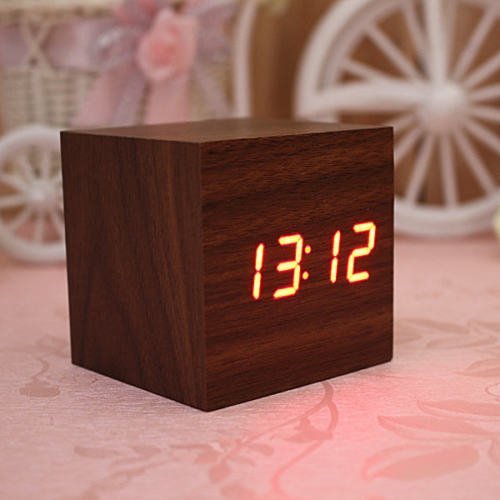 Modern Cube LED Alarm Clock Temperature Sounds Control Display Novelty Electronic Desktop Digital Classic Wooden... N6