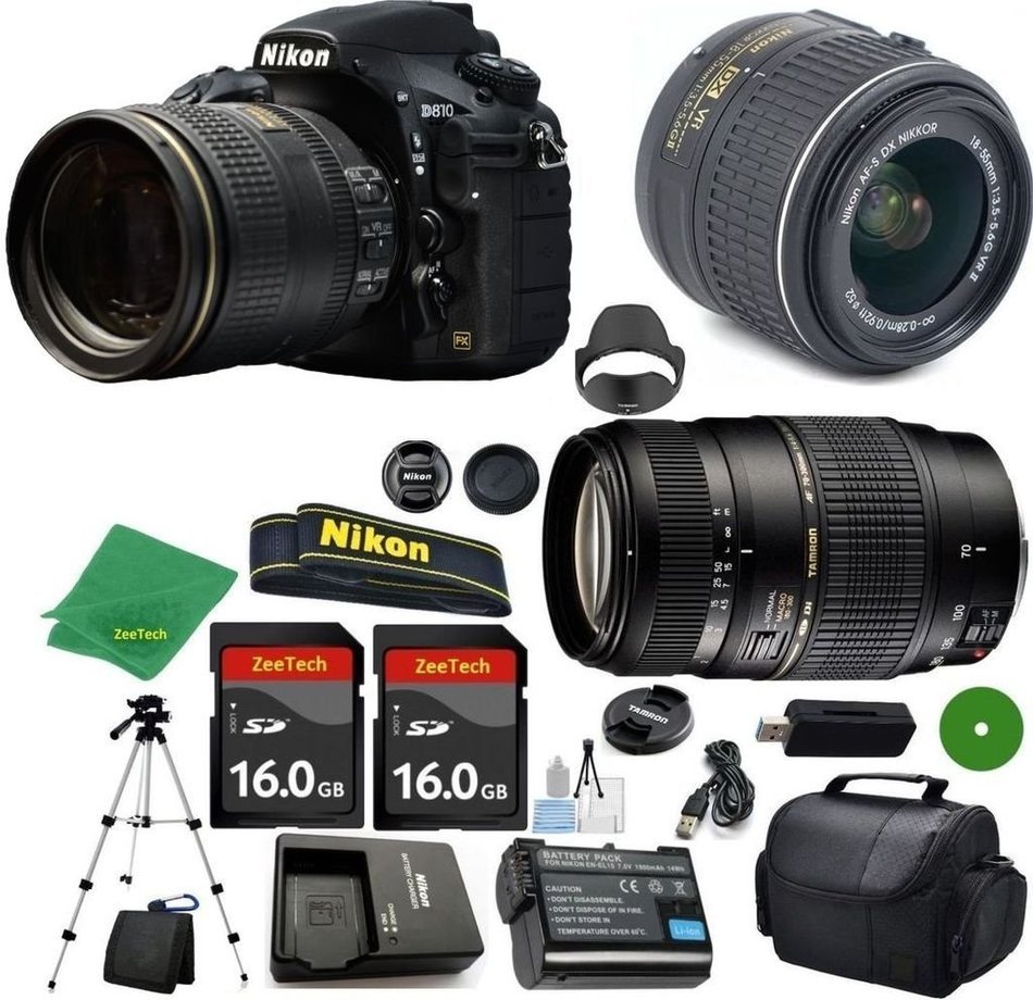 Nikon D810 International Version - No Warranty, 18-55mm f/3.5-5.6 VR, Tamron 70-300mm DI LD Zoom, 2pcs 16GB ZeeTech...