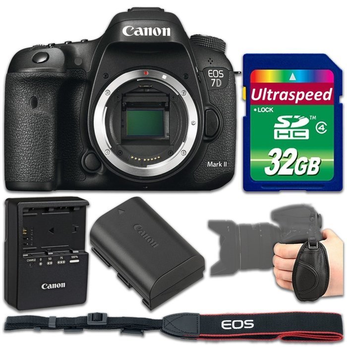 Canon EOS 7D Mark II DSLR Camera (Body Only) + 32gb Memory SD Card + Grip Strap - International Version (No Warranty)