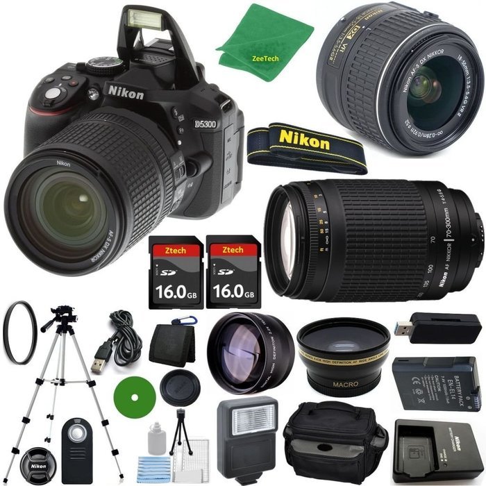 Nikon D5300 - International Version (No Warranty), 18-55mm f/3.5-5.6 DX VR, Nikon 70-300mm f/4-5.6G, 2pcs 16GB... N2