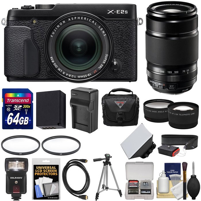 Fujifilm X-E2S Wi-Fi Digital Camera & 18-55mm XF Lens (Black) with 55-200mm XC Lens + 64GB Card + Battery & Charger...