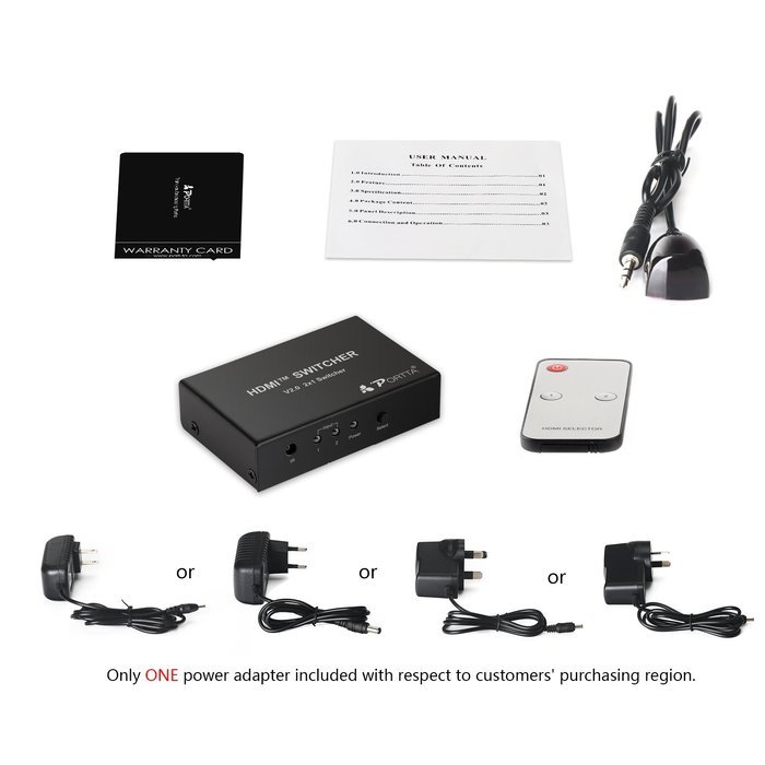 Portta PET0301DU HDMI Switch / Switcher 3 Port 3x1 v1.3 with 1.5 ft Pigtail support 3D 1080p N19
