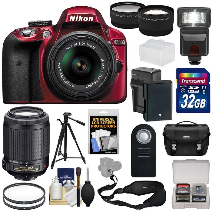 Nikon D3300 Digital SLR Camera & 18-55mm G VR DX II (Black) + 55-200mm VRII Lens + 32GB + Case + Battery/Charger... N7