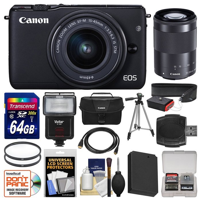 Canon EOS M10 Wi-Fi Digital ILC Camera with EF-M 15-45mm & 55-200mm IS STM Lens (Black) + 64GB Card + Case + Flash...