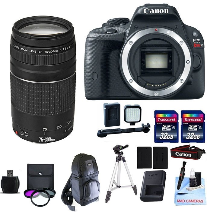 Canon EOS REBEL SL1 + 75-300mm f/4-5.6 III+ 2 32GB Transcend SD Memory Cards + 3 Piece Filter Kit + DSLR Sling...