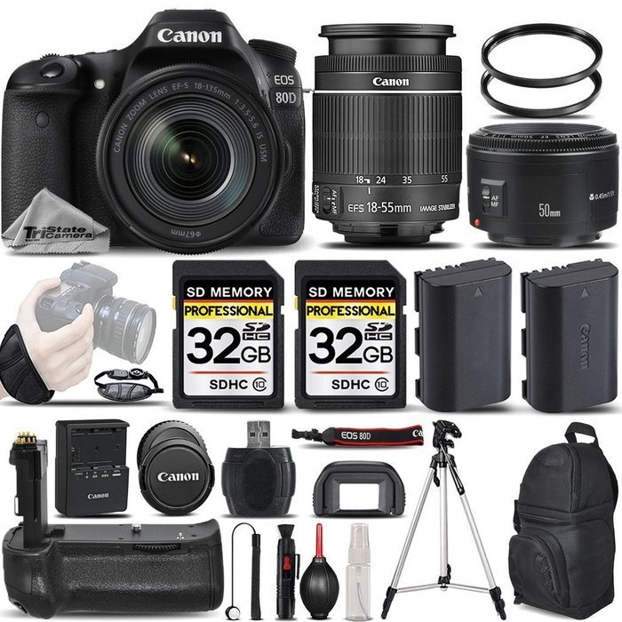 Canon EOS 80D Wi-Fi Full HD 1080P Digital SLR Camera + Canon 18-55mm IS STM Lens + Canon 50mm 1.8 II Lens + Battery...