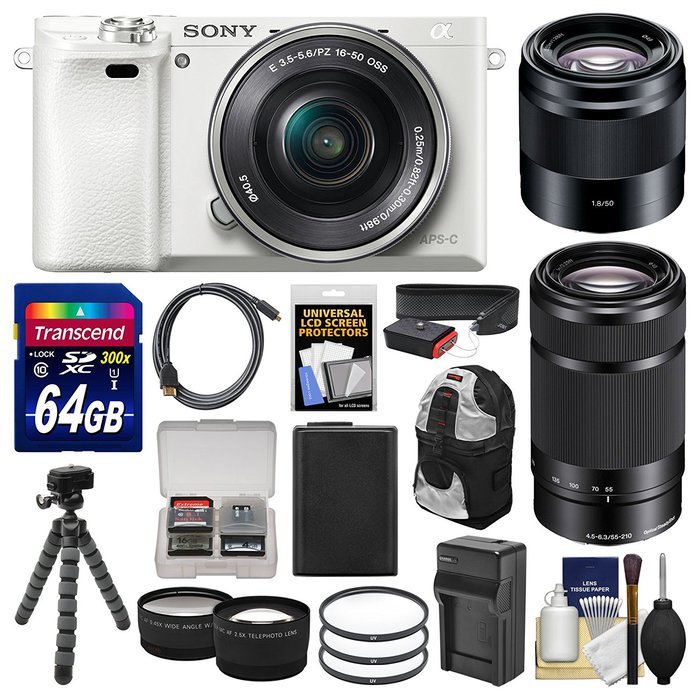 Sony Alpha A6000 Wi-Fi Digital Camera & 16-50mm (White) with 55-210mm & 50mm f/1.8 Lenses + 64GB Card + Case +...