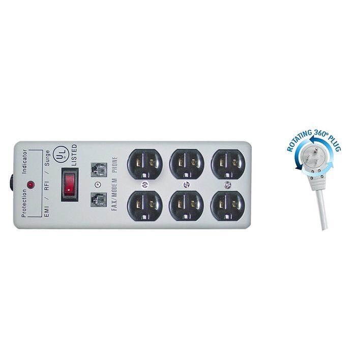 eDragon ED70555 Surge/Modem Protector, Flat Rotating Plug, 6 Outlet, Gray, Metal, Commercial Grade, Power Cord... N2