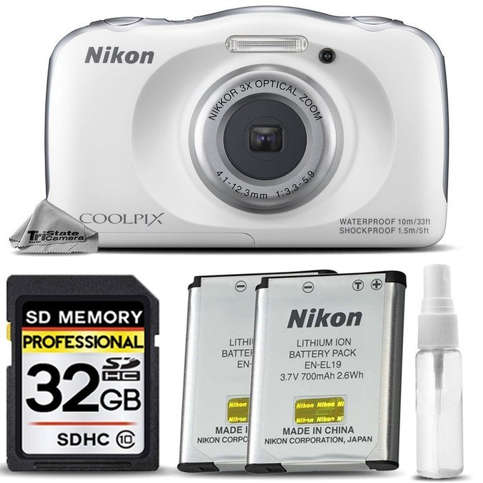 Nikon COOLPIX S33 Digital Waterproof & Freezeproof Full HD 1080p Camera (White) + 32GB Class 10 Memory Card +... N2
