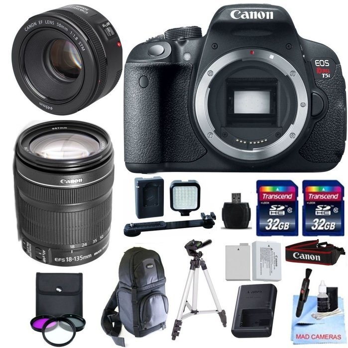 Canon EOS T5i + Canon 18-135mm IS STM + 50mm f/1.8 STM + 32GB Transcend SD Memory Cards + LED Video Light + Spare...