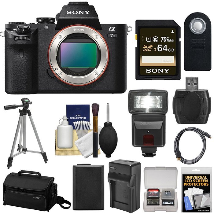 Sony Alpha A7 II Digital Camera Body with 64GB Card + Case + Battery & Charger + Flash + Tripod + Kit