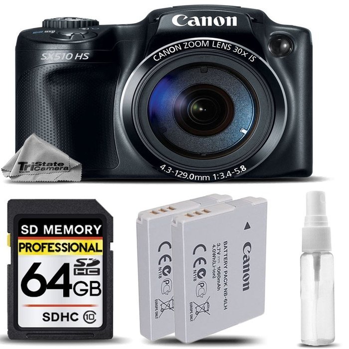Canon Power Shot SX510 HS Point-and-Shoot Camera + Backup Battery + 64 Class 10 Memory Card + SD/SDHC Memory Card... N2