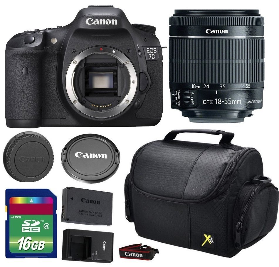 Canon 7D DSLR Camera + 18-55mm f/3.5-5.6 IS STM Lens + 16 GB SDHC Memory Card + Front Lens Cap + Rear Lens Cap...
