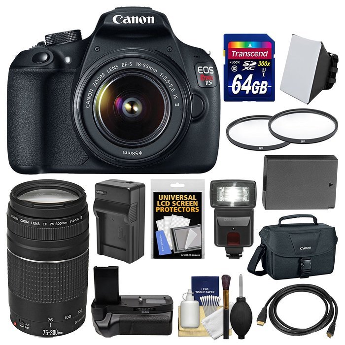 Canon EOS Rebel T5 Digital SLR Camera & EF-S 18-55mm IS II & 75-300mm III Lens & Case with 64GB Card + Flash +... N2