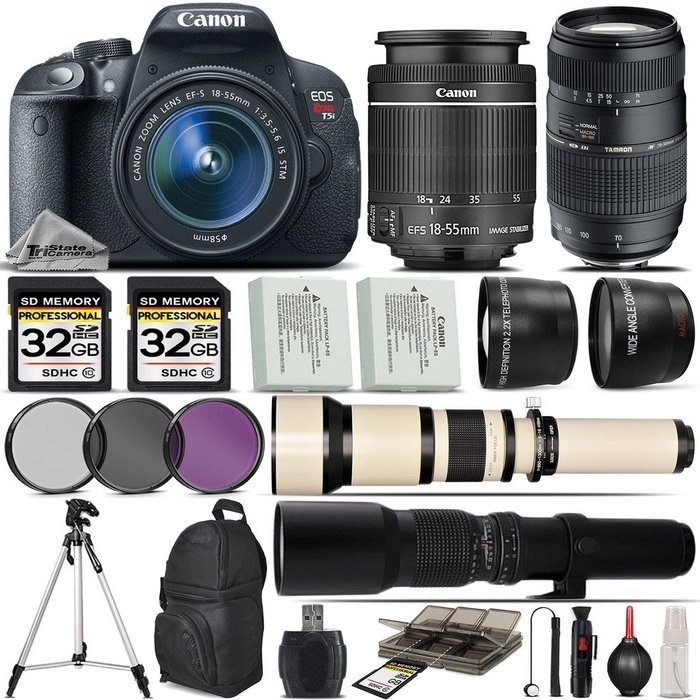 Canon EOS Rebel T5i DSLR Camera + Canon 18-55mm IS STM Lens + Tamron 70-300mm Lens + 650-1300mm Zoom Lens + 500mm...