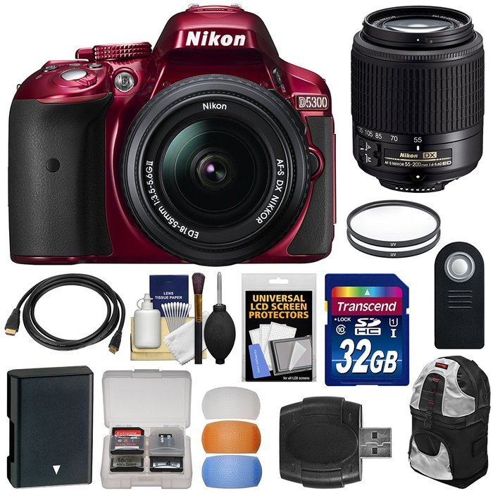 Nikon D5300 Digital SLR Camera & 18-55mm G DX II AF-S Zoom (Red) with 55-200mm DX AF-S Lens + 32GB Card + Battery...