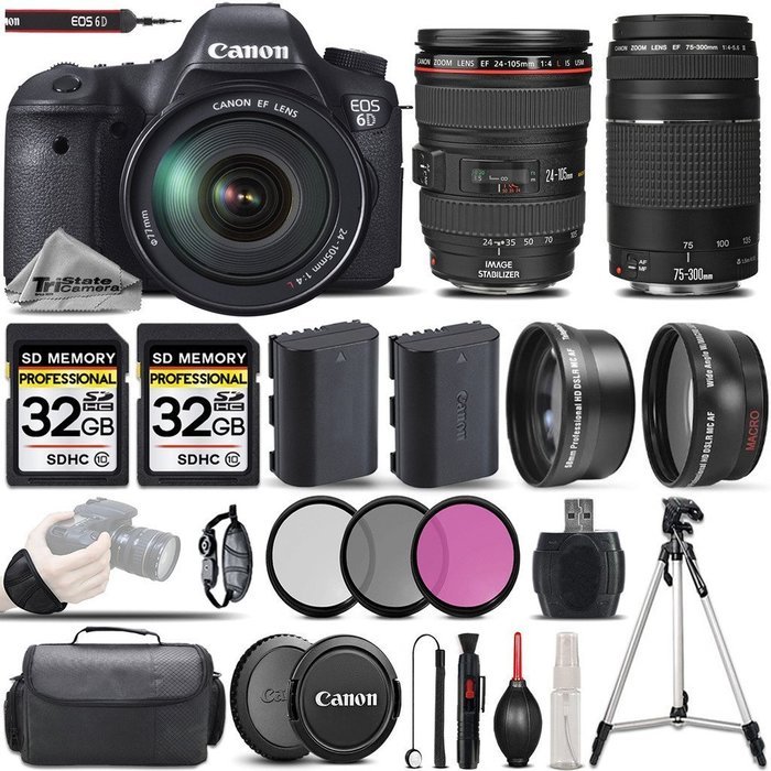 Canon EOS 6D DSLR Camera + Canon 24-105mm f/4L IS USM Lens + 75-300mm III + 0.43X Wide Angle Lens + 2.2x Telephoto...