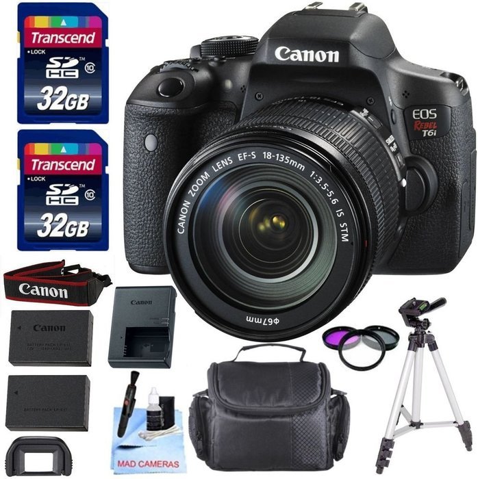 Canon EOS T6i DSLR Camera Kit + Canon EF-S 18-135mm f/3.5-5.6 IS STM Lens + 1 Year Warranty + 2 32GB Transcend...