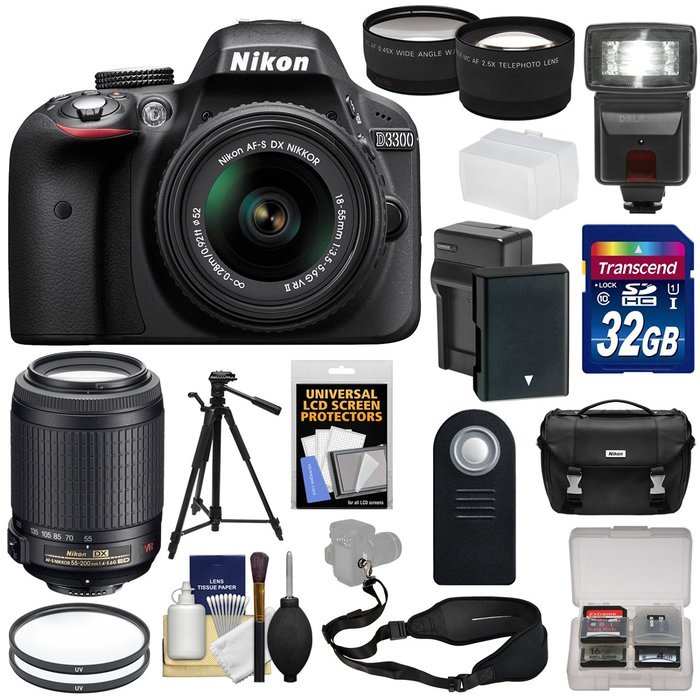 Nikon D3300 Digital SLR Camera & 18-55mm G VR DX II (Black) + 55-200mm VRII Lens + 32GB + Case + Battery/Charger... N8
