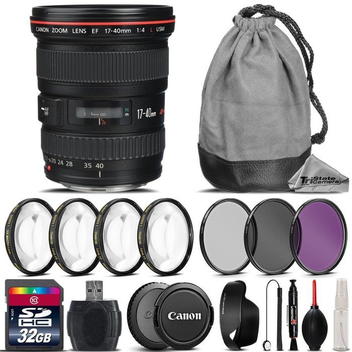 Canon EF 17-40mm f/4L USM Lens + 4PC Macro Kit + UV-CPL-FLD Filters + 32GB Class 10 High-Speed Memory Card + Card...