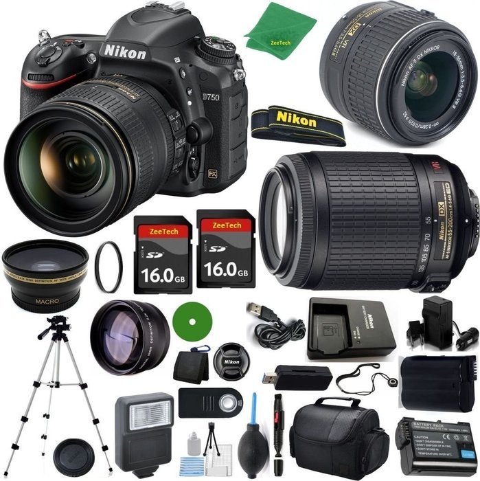 Nikon D750 International Version - No Warranty, Nikon 18-55mm VR Lens, Nikon 55-200mm f4-5.6G VR, 2pcs 16GB ZeeTech...