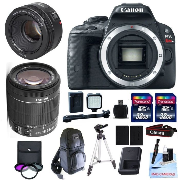 Canon EOS REBEL SL1 + Canon 18-55mm f/3.5-5.6 STM Standard Zoom Lens + 50mm F/1.8 STM + 2 32GB Transcend SD Memory...