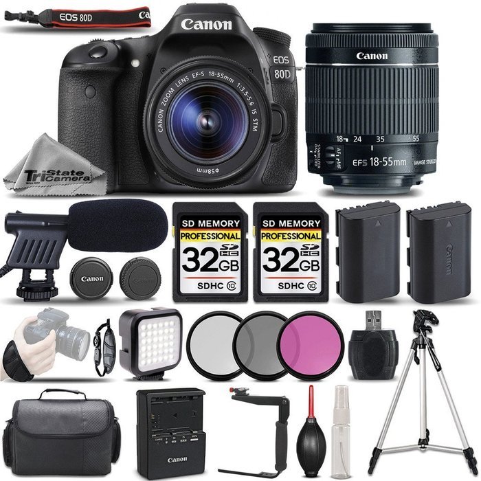 Canon EOS 80D Wi-Fi Full HD 1080P Digital SLR Camera + Canon 18-55mm IS STM Lens + 64GB Storage + Shotgun Mic...