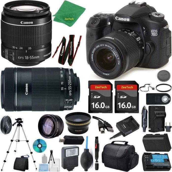 Canon EOS 70D Camera + 18-55mm IS STM + 55-250mm STM + 2pcs 16GB Memory + Case + Memory Reader + Tripod + ZeeTech...