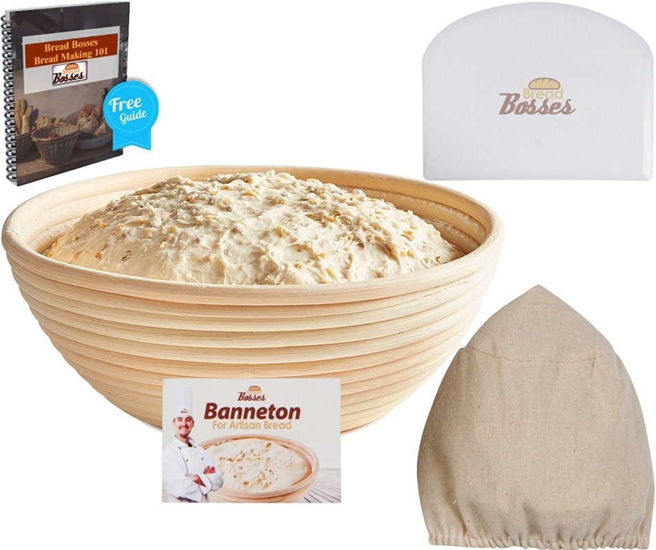 (9 Inch) Banneton Proofing Basket + Free Bowl Scraper & Cloth Liner - Perfect Bread Loaf Shape Flour Round Rising... N10