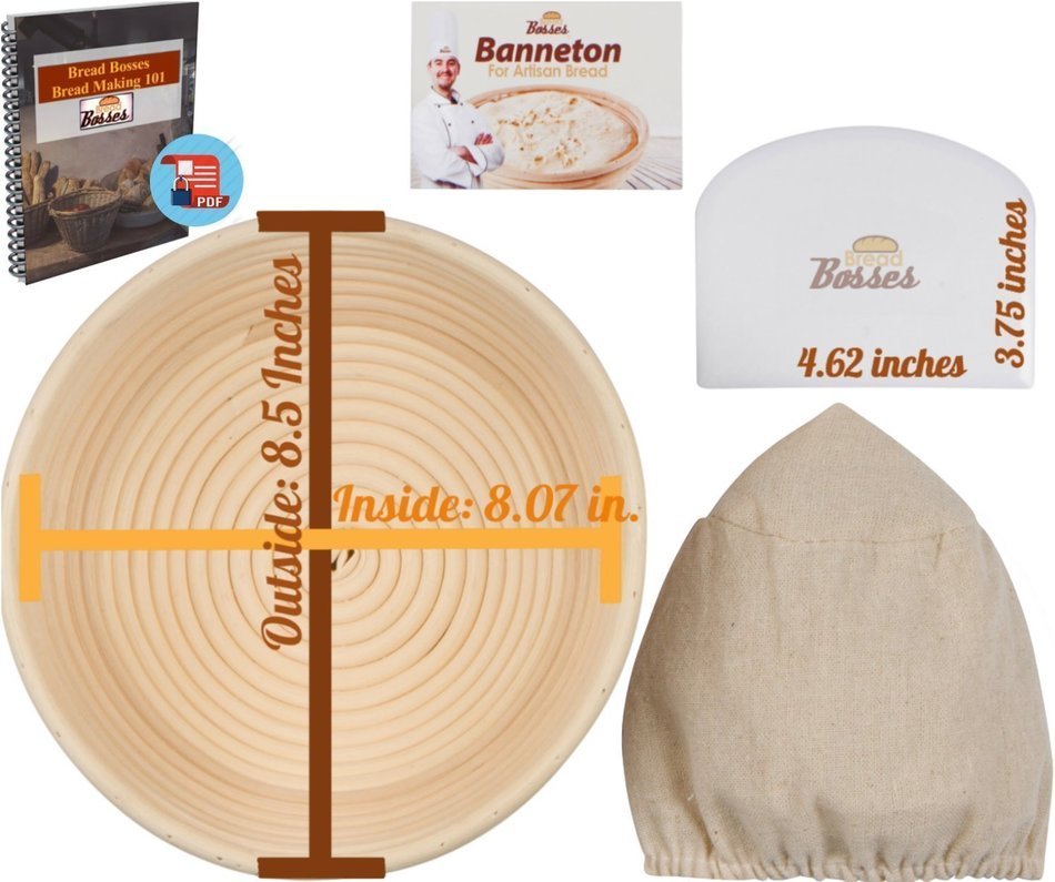 (9 Inch) Banneton Proofing Basket + Free Bowl Scraper & Cloth Liner - Perfect Bread Loaf Shape Flour Round Rising... N13