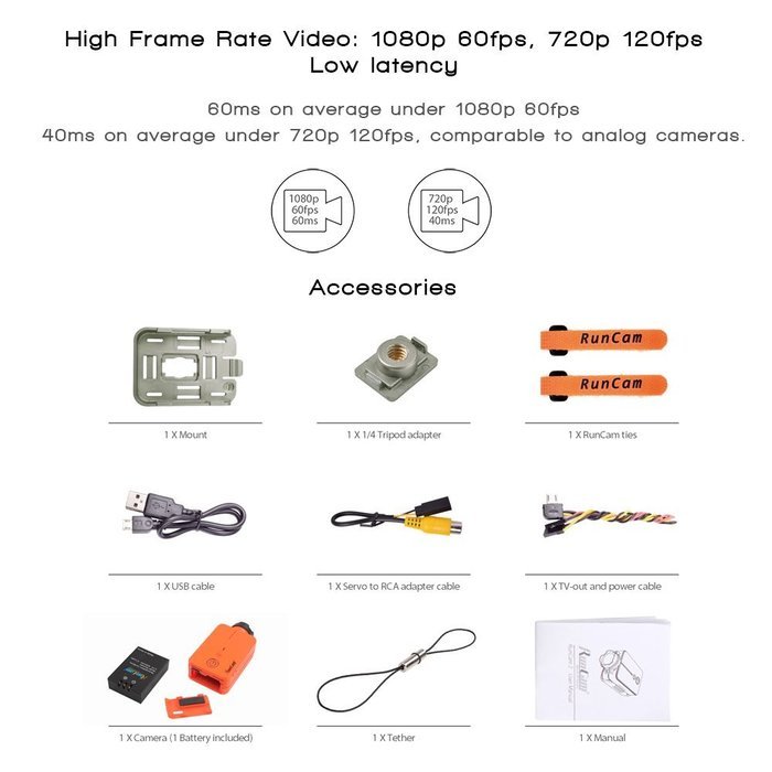 RunCam 2 1080P HD 120 Degree Wide Angle WiFi FPV Camera Silver for RC 250 Racing Quad QAV250 N2
