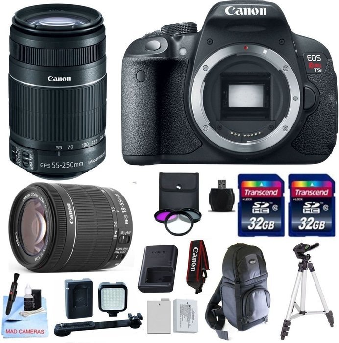 Canon EOS T5i + Canon EF-S 55-250mm IS STM + Canon 18-55 IS STM + 2 32GB Transcend SD Memory Cards + LED Video...